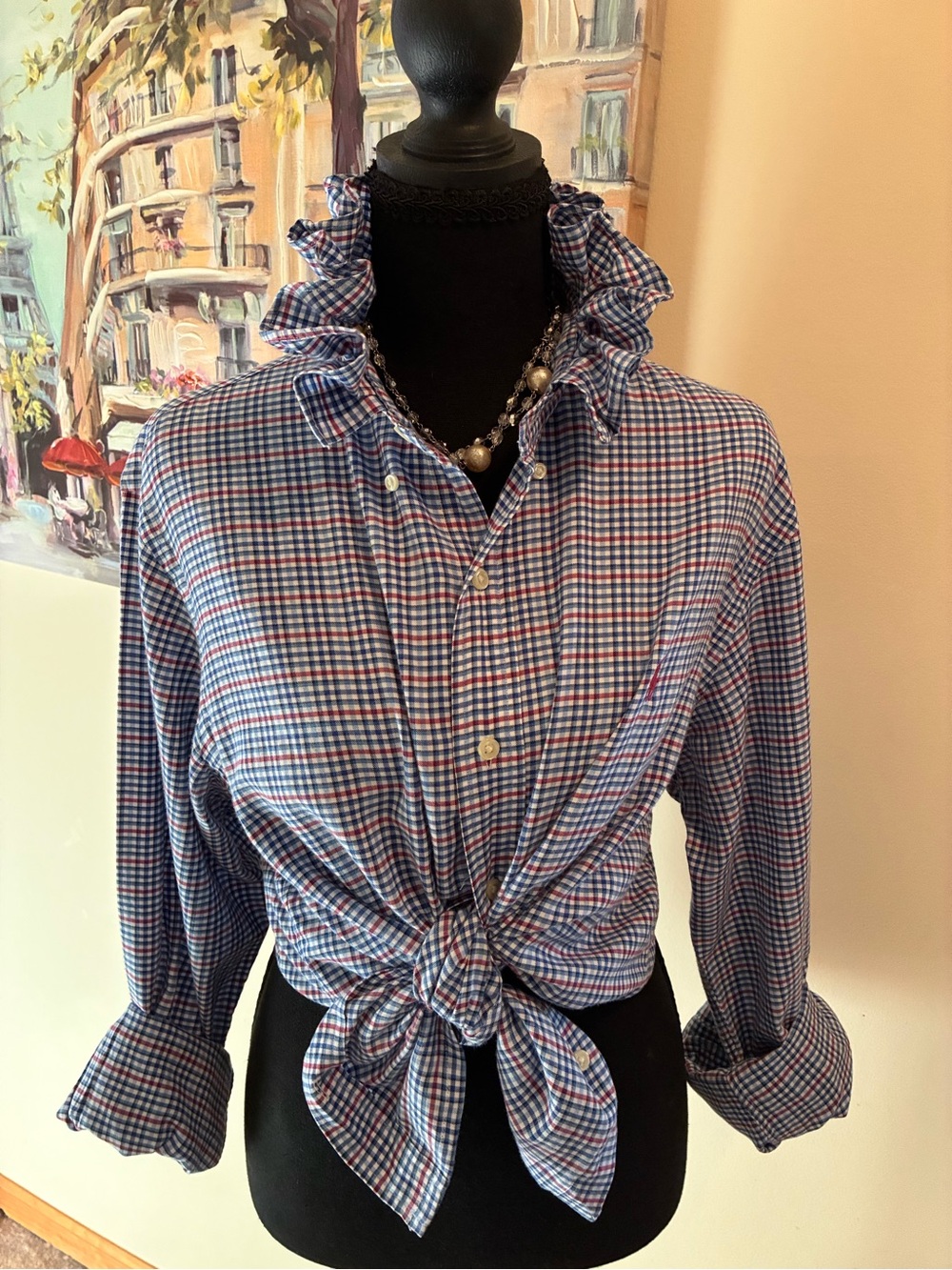 Ralph Lauren Blue and Red Gingham Tie-Front Button Down